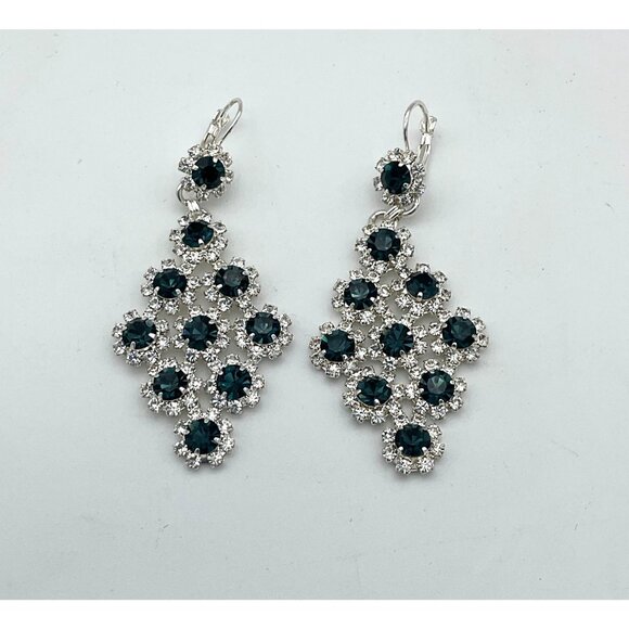 Jewelry - Silver Tone Deep Blue & Clear Rhinestone Pendant Statement Formal Earrings